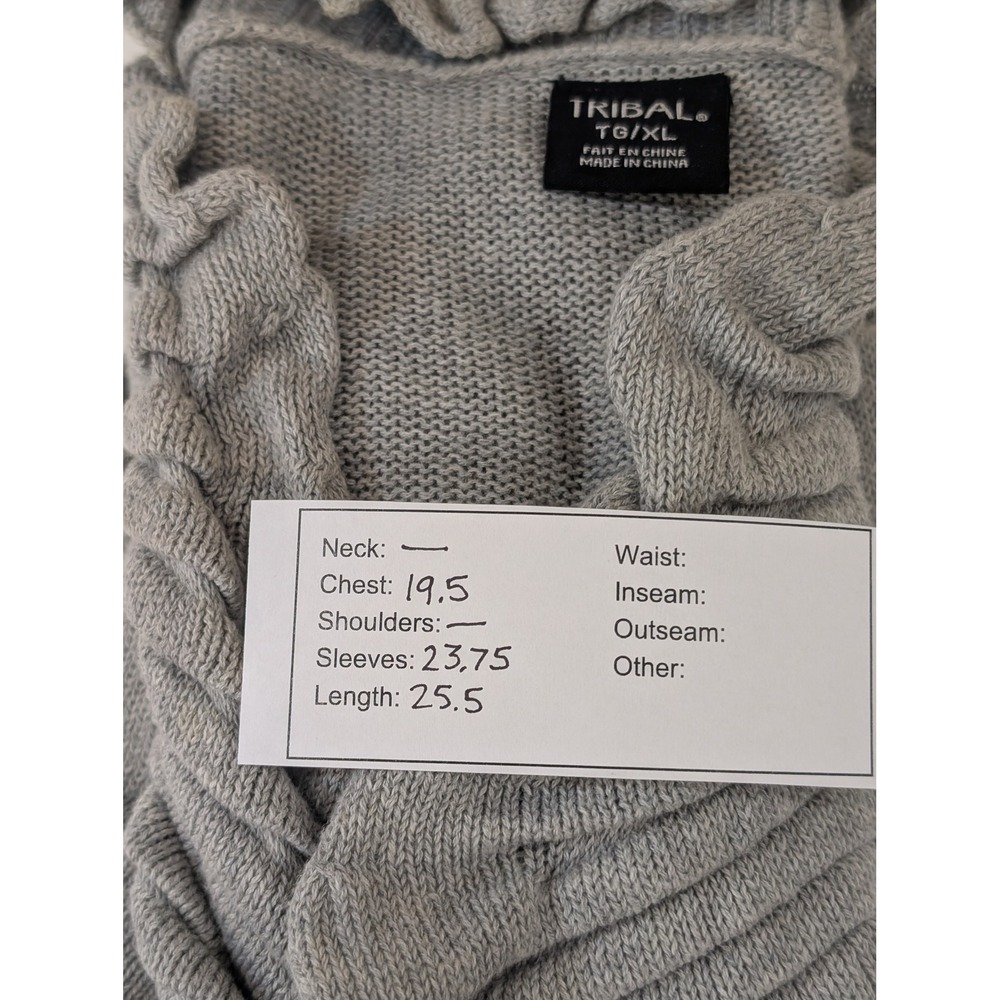 Tribal Open Front Cardigan Sweater Textured‎ Ruffle Trim Gray TG/XL - Picture 7 of 7